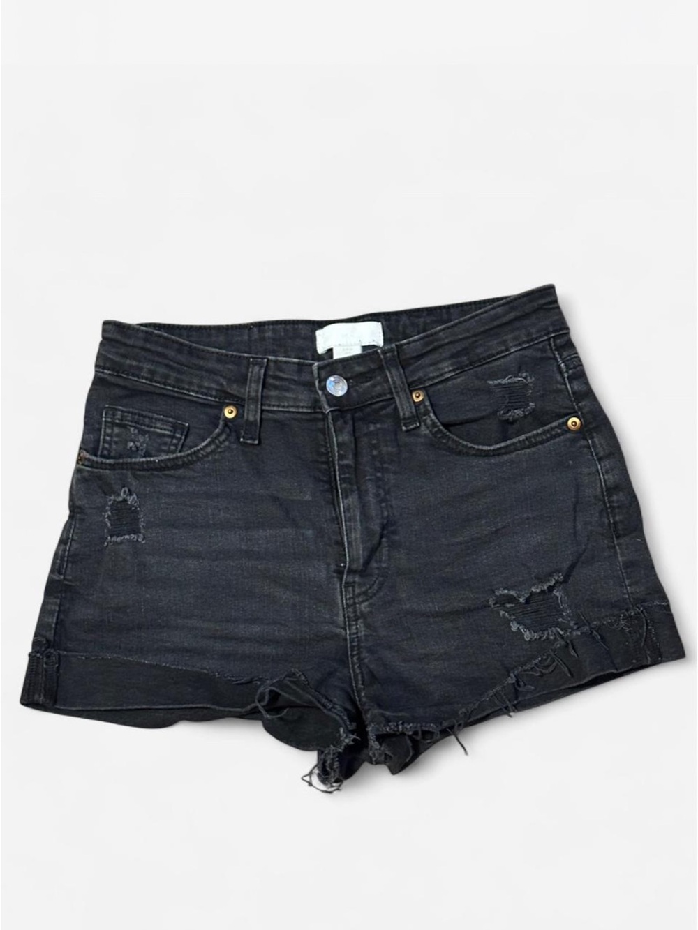 H&M Black Distressed High-Rise Denim Shorts